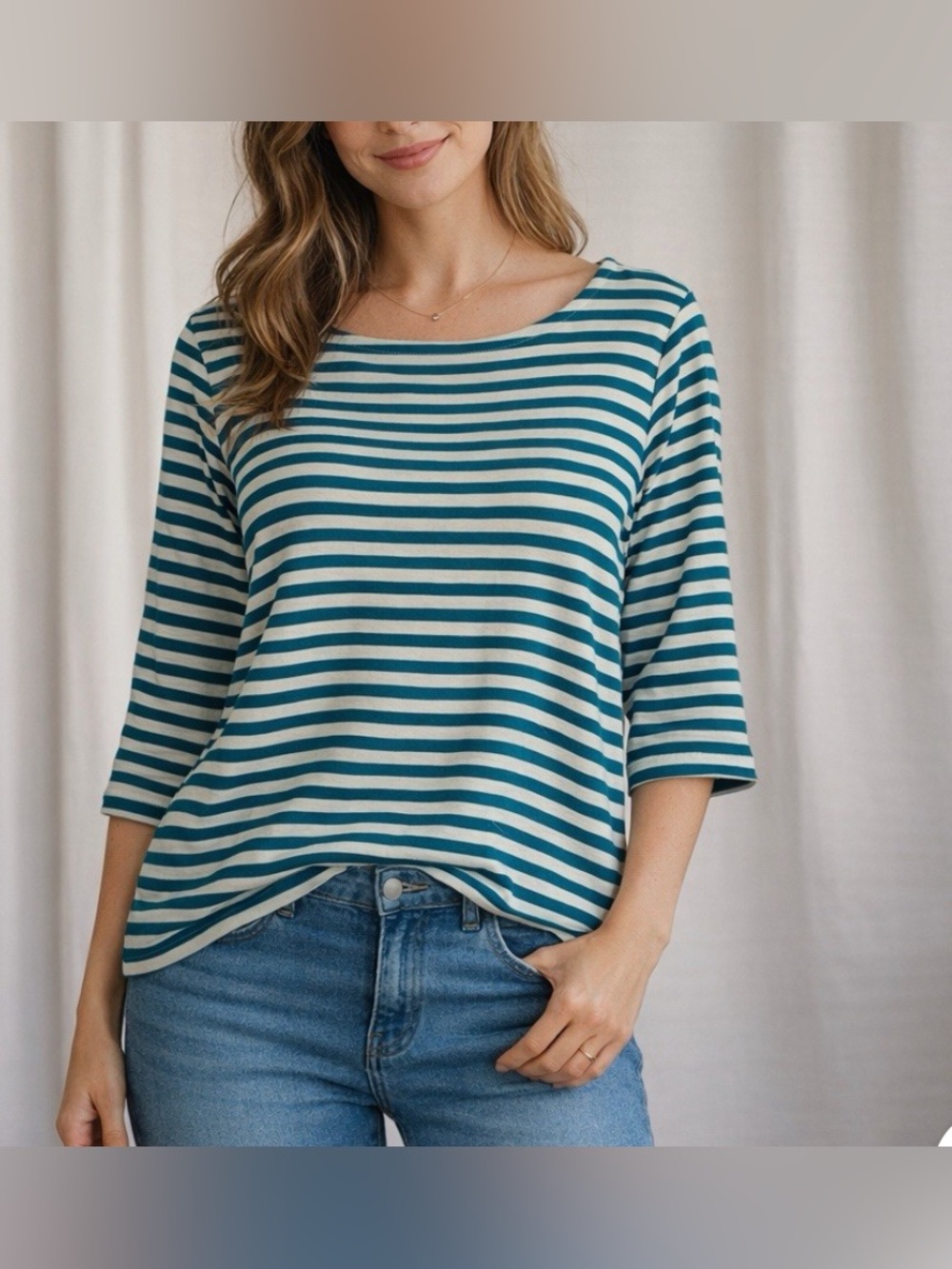 NWT Lands' End Women's Striped Boatneck Top 3/4 Sleeves Pima Cotton XL